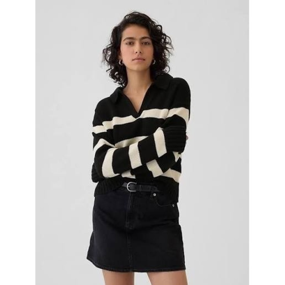 GAP Polo Sweater Shrunken Medium Black White Striped Cropped Cotton Knit Preppy